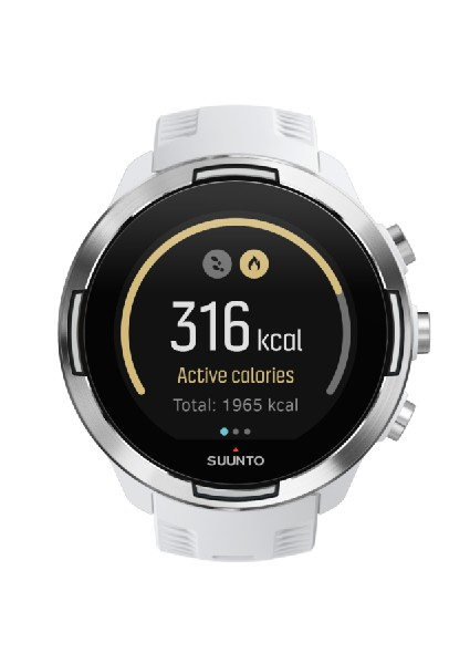 Reloj inteligente Suunto blanco y plateado que muestra calorías activas y calorías totales.