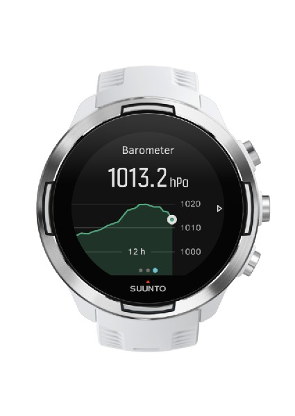 Un reloj inteligente Suunto blanco con una pantalla negra que muestra un gráfico de barómetro. El reloj está sobre fondo blanco.