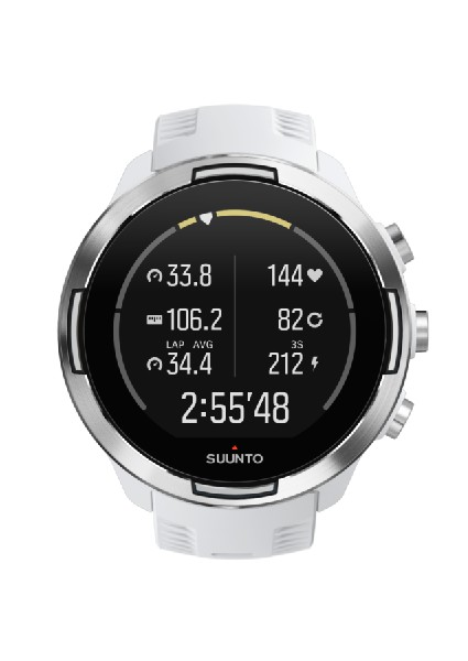 Reloj inteligente blanco con pantalla digital. Muestra estadísticas como tiempo, frecuencia cardíaca y distancia.