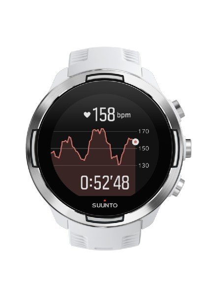 Smartwatch Suunto blanca que muestra la frecuencia cardíaca, la hora y un gráfico.