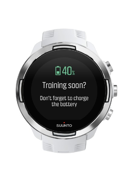 Smartwatch Suunto blanca mostrando 40% batería y recordatorio de carga.