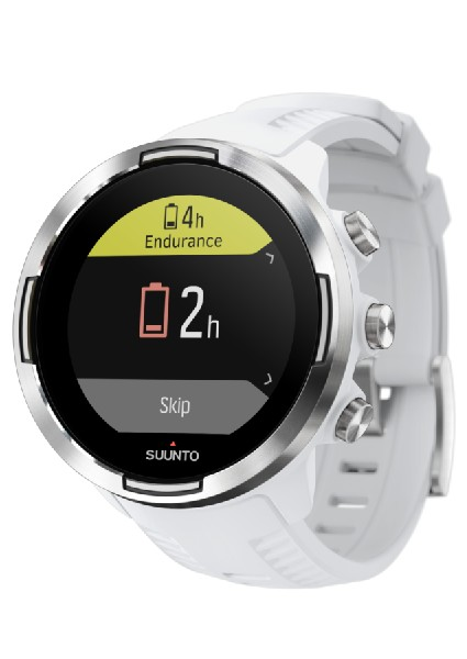 Smartwatch Suunto blanca con pantalla negra. Muestra información de batería y resistencia.