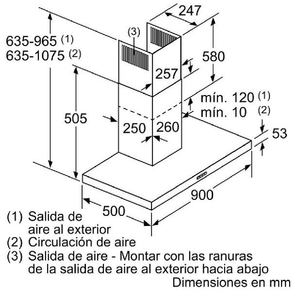 Dibujo técnico de una campana extractora. Muestra dimensiones y etiquetas en español.