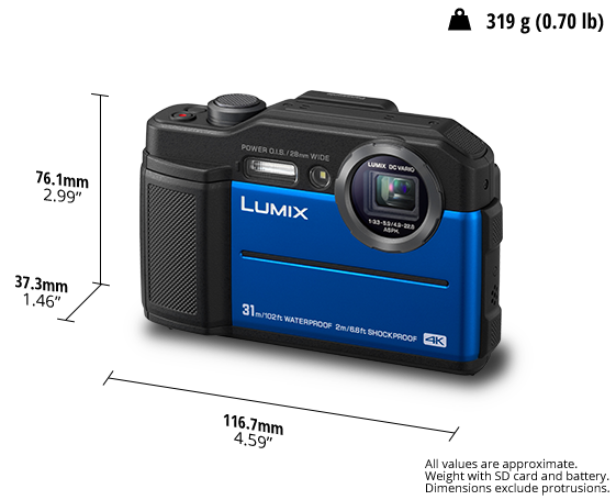 Cámara - Panasonic Lumix DC-FT7EG, Sensor MOS, 20.4 MP, 4K, Pantalla LCD 3", IP68, Wi-Fi, Azul
