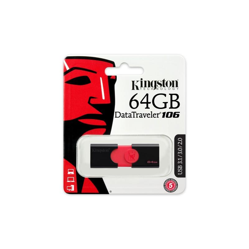 Memoria USB 64 GB - Kingston Datatraveler 106, 64 GB, USB 3.0, Negro y rojo
