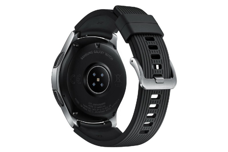 Parte trasera del Samsung Galaxy Watch. Negro con borde plateado y correa negra.