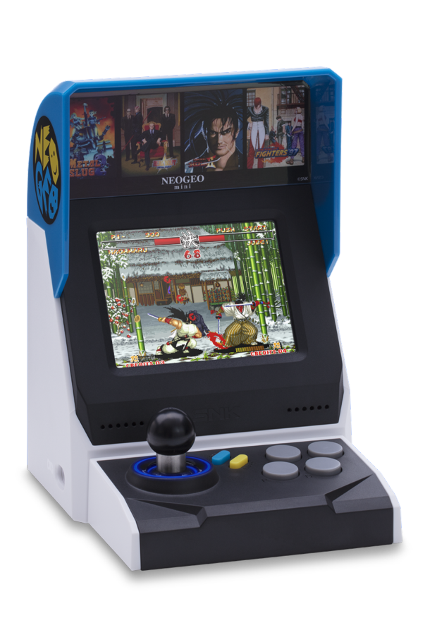Un juego de arcade NEOGEO Mini. Es azul, blanco y negro con joystick y botones.