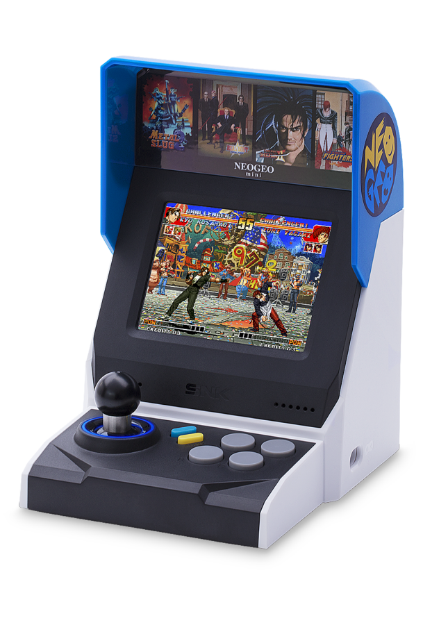 Mini consola de juegos arcade con joystick y botones. Diseño azul y blanco. Pantalla negra.