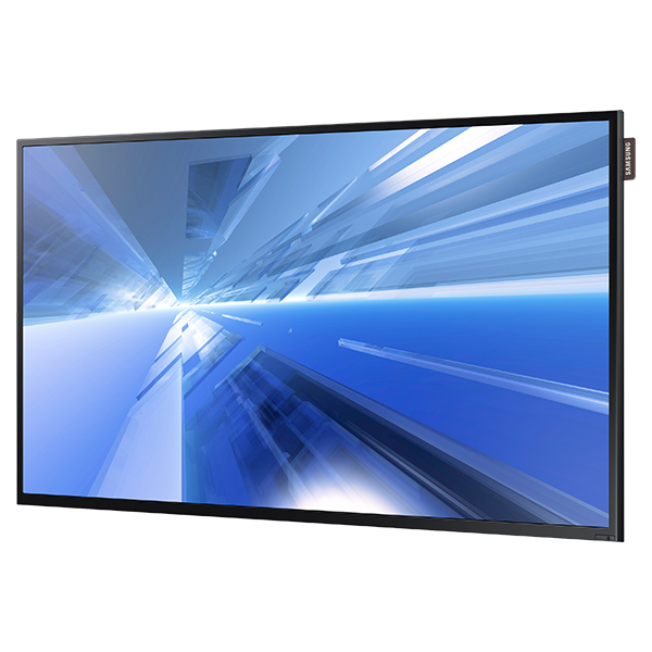 Un televisor de pantalla plana rectangular grande con un marco negro, que muestra un diseño abstracto azul y blanco.
