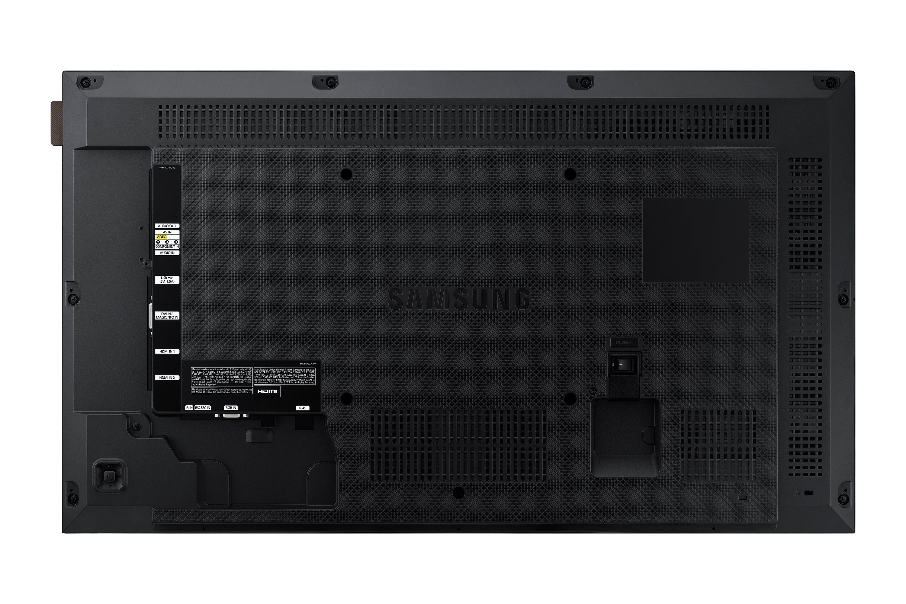 Vista trasera de un televisor Samsung negro con múltiples puertos, etiquetas y el logo Samsung. La parte trasera tiene agujeros de ventilación.
