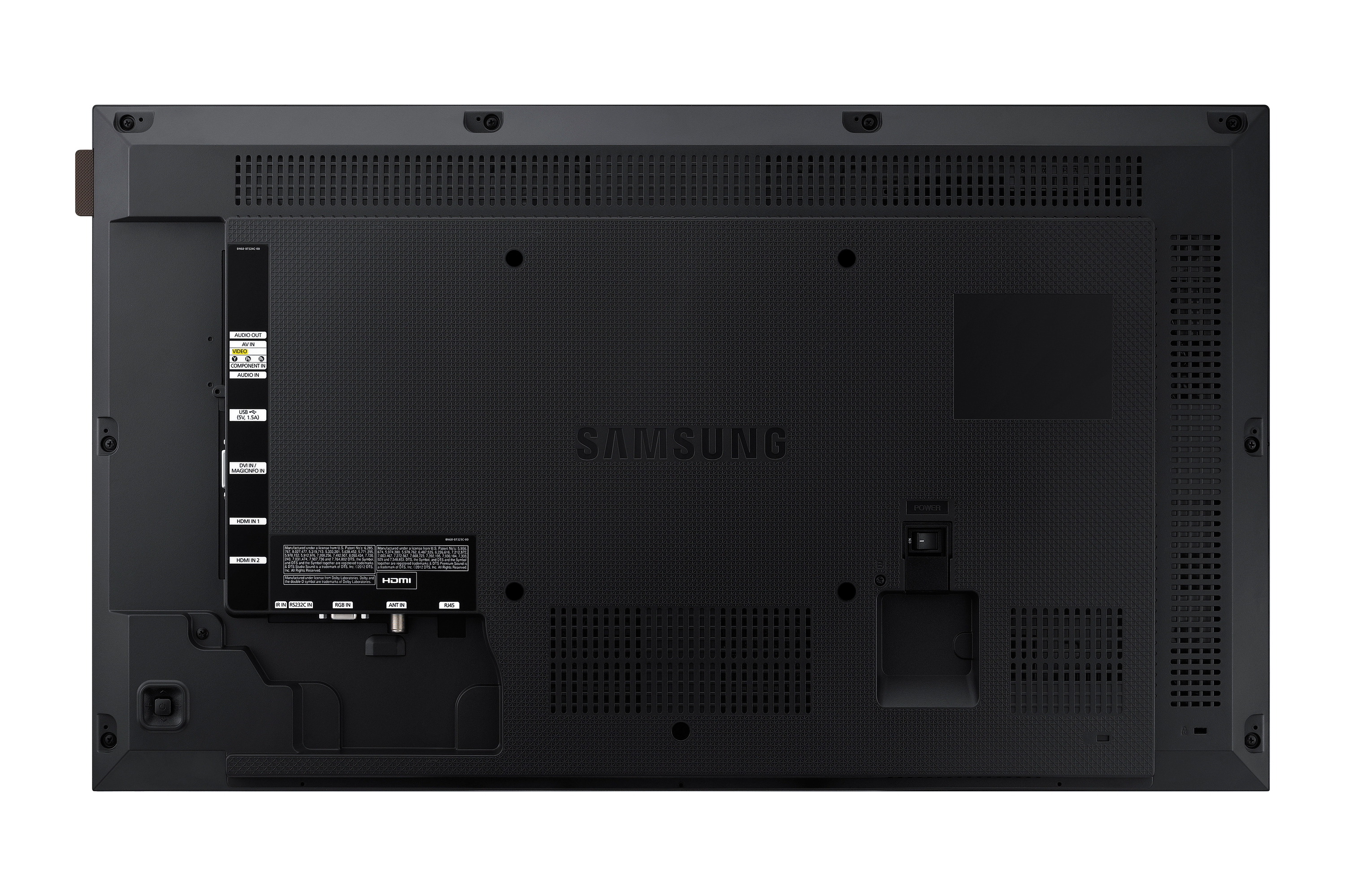 La parte trasera de un televisor Samsung con varios puertos y etiquetas.