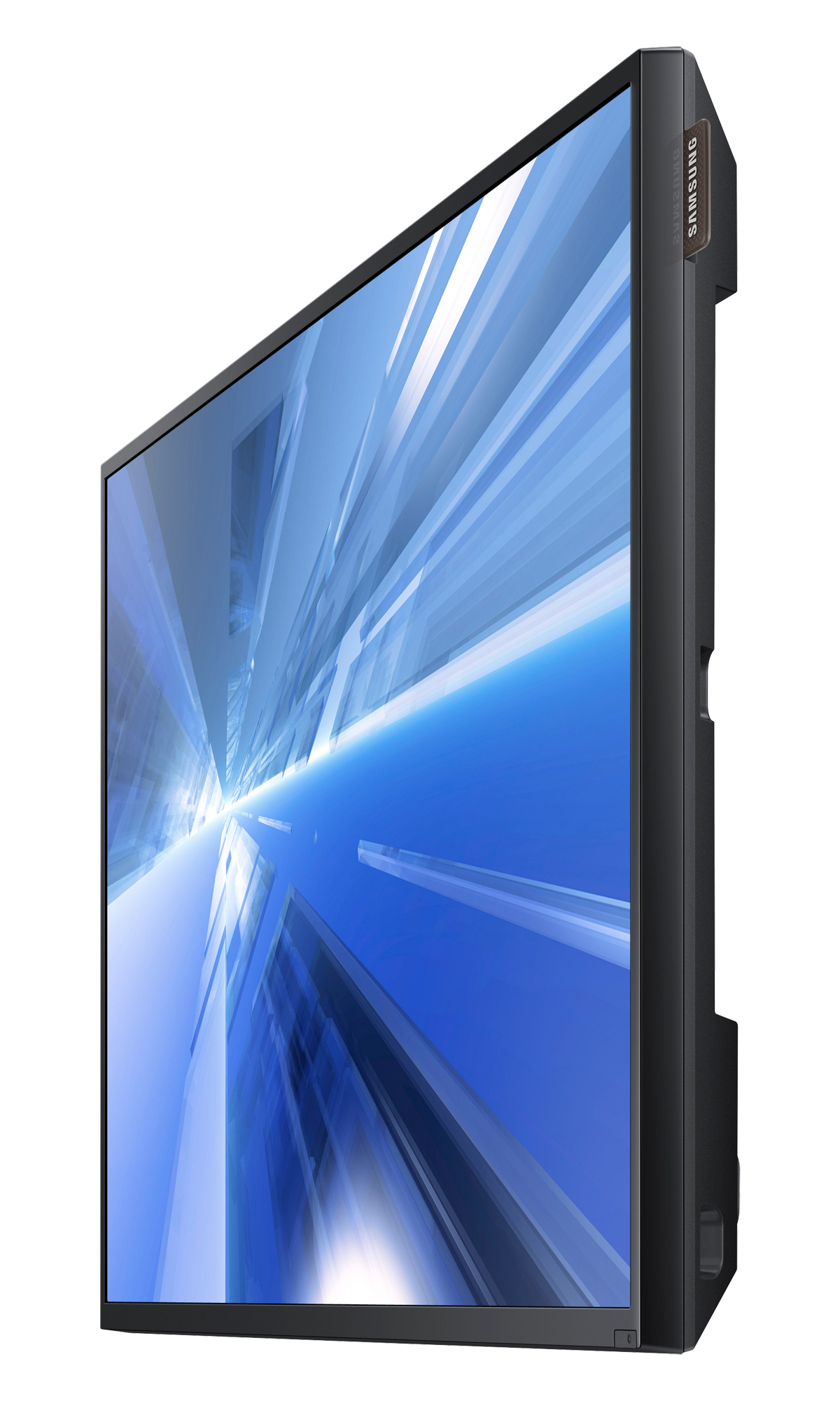 Pantalla grande Samsung con fondo abstracto azul y blanco.