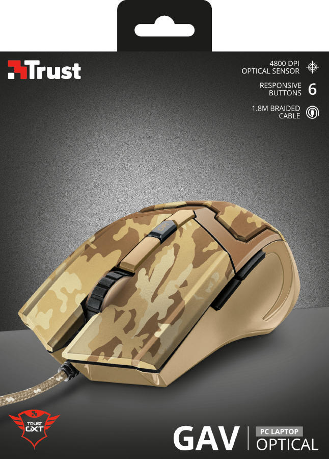 Ratón gaming - Trust GXT 101D GAV, USB, Óptico, 600-4800 ppp, Desert Camo