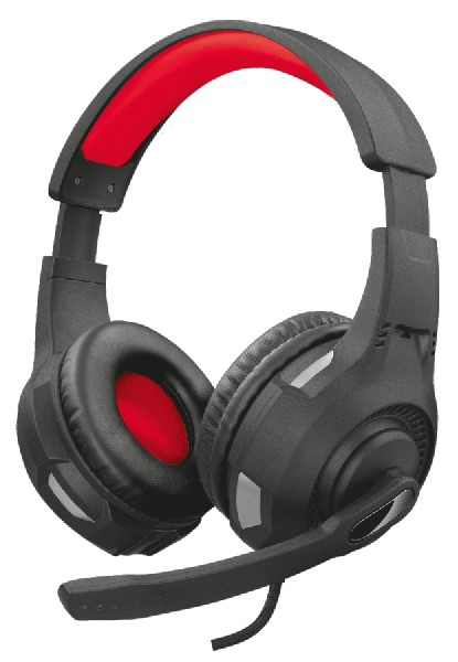 Auriculares gaming negros y rojos con micrófono. Auriculares negros, diadema roja.