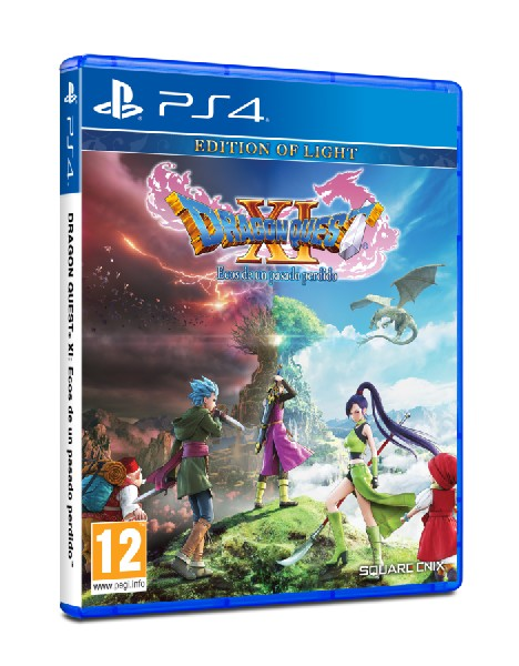 Juego de PS4: Dragon Quest XI. Ilustración de portada colorida con personajes y un dragón. Caja azul. Fondo blanco.