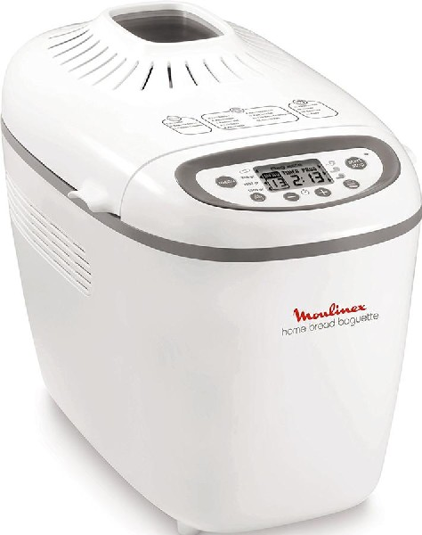 Máquina para hacer baguette Moulinex blanca. Tiene una pantalla digital y varios botones.