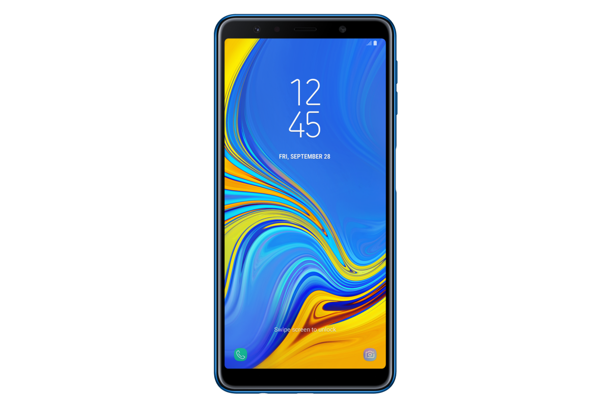 Smartphone Samsung azul con una gran pantalla que muestra la hora y la fecha.