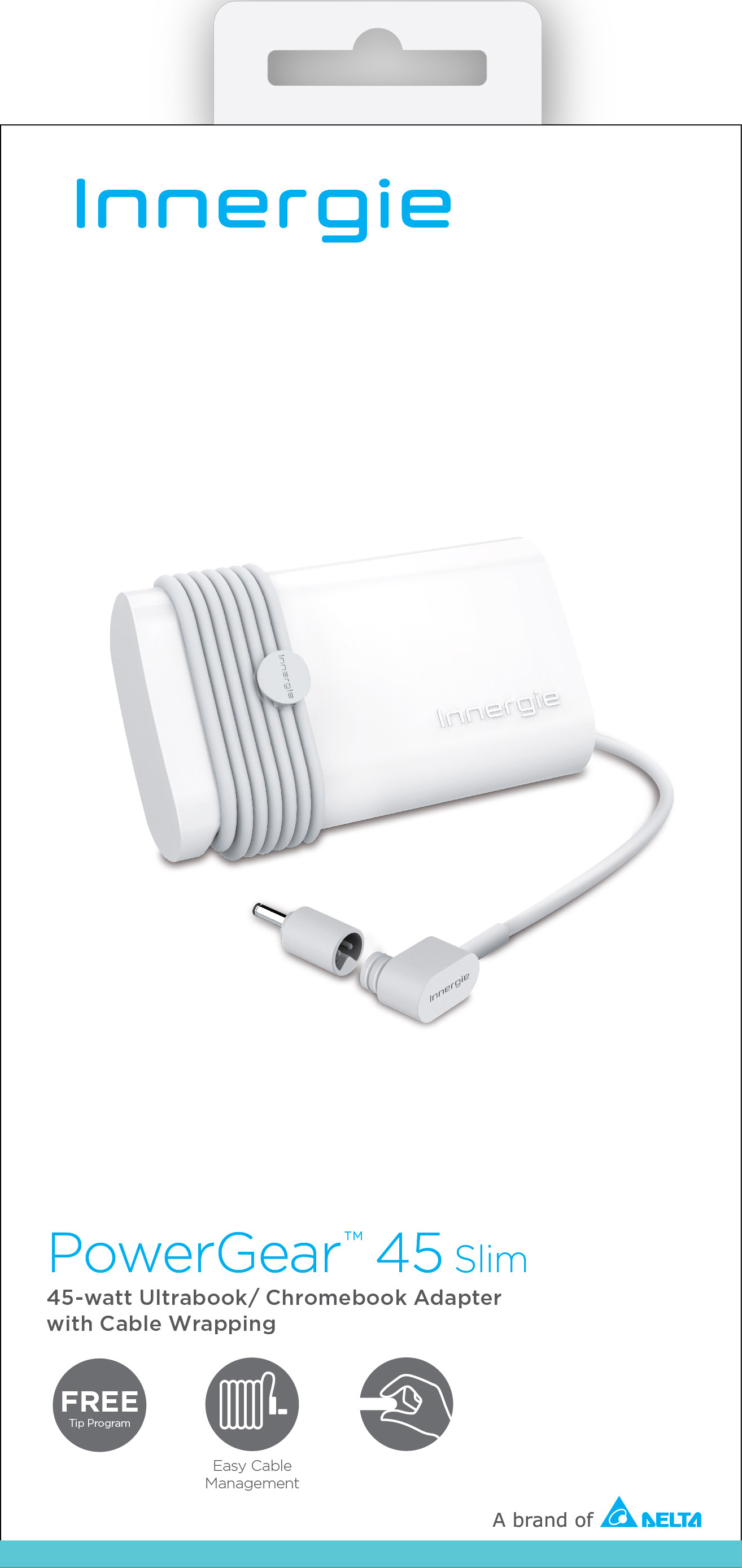 Weiße Innergie PowerGear Adapter Verpackung mit Produktbeschreibung.