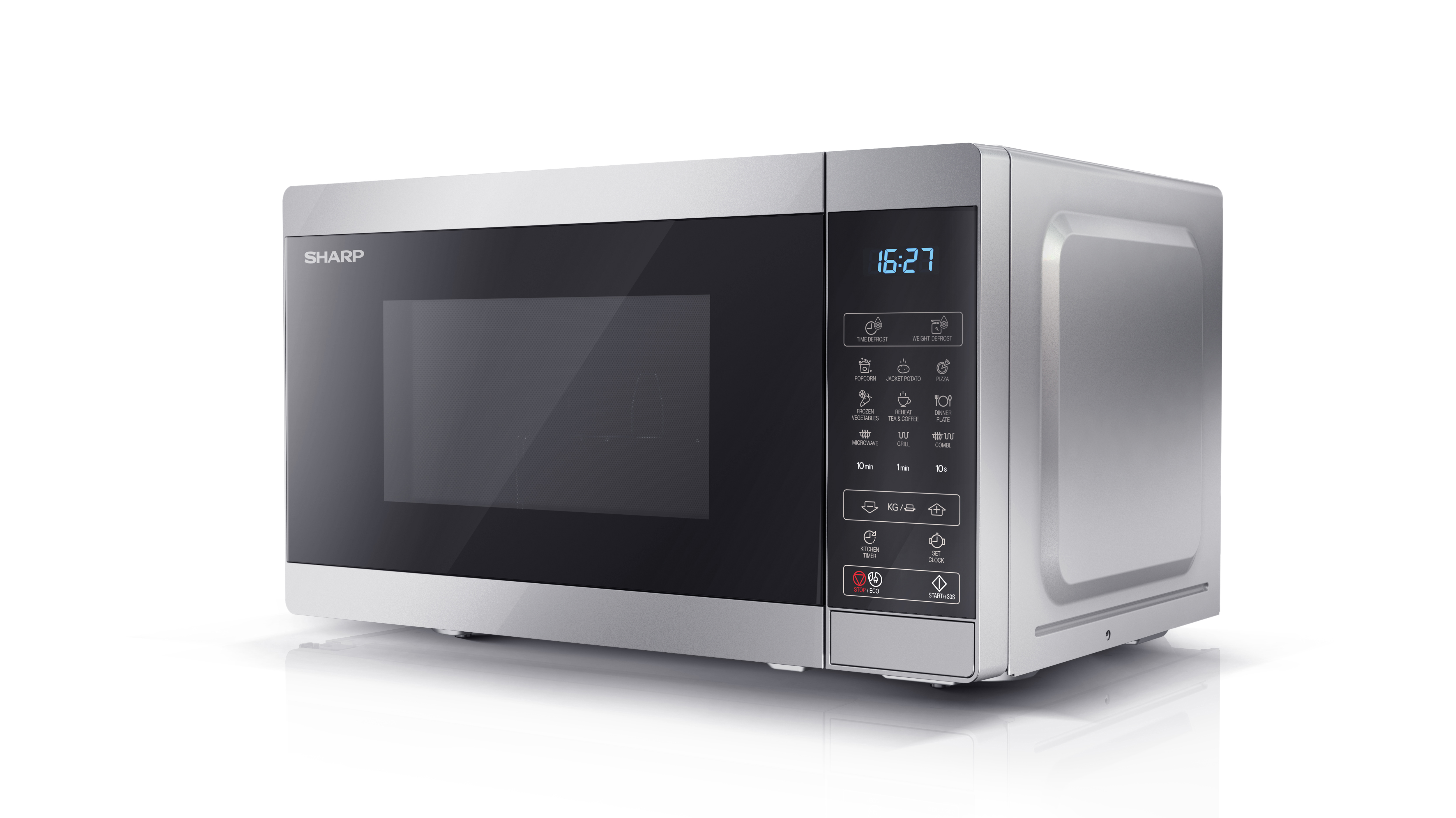 Eine silberne Sharp Mikrowelle mit Digitalanzeige 16:27 und versch. Kochfunktionen.