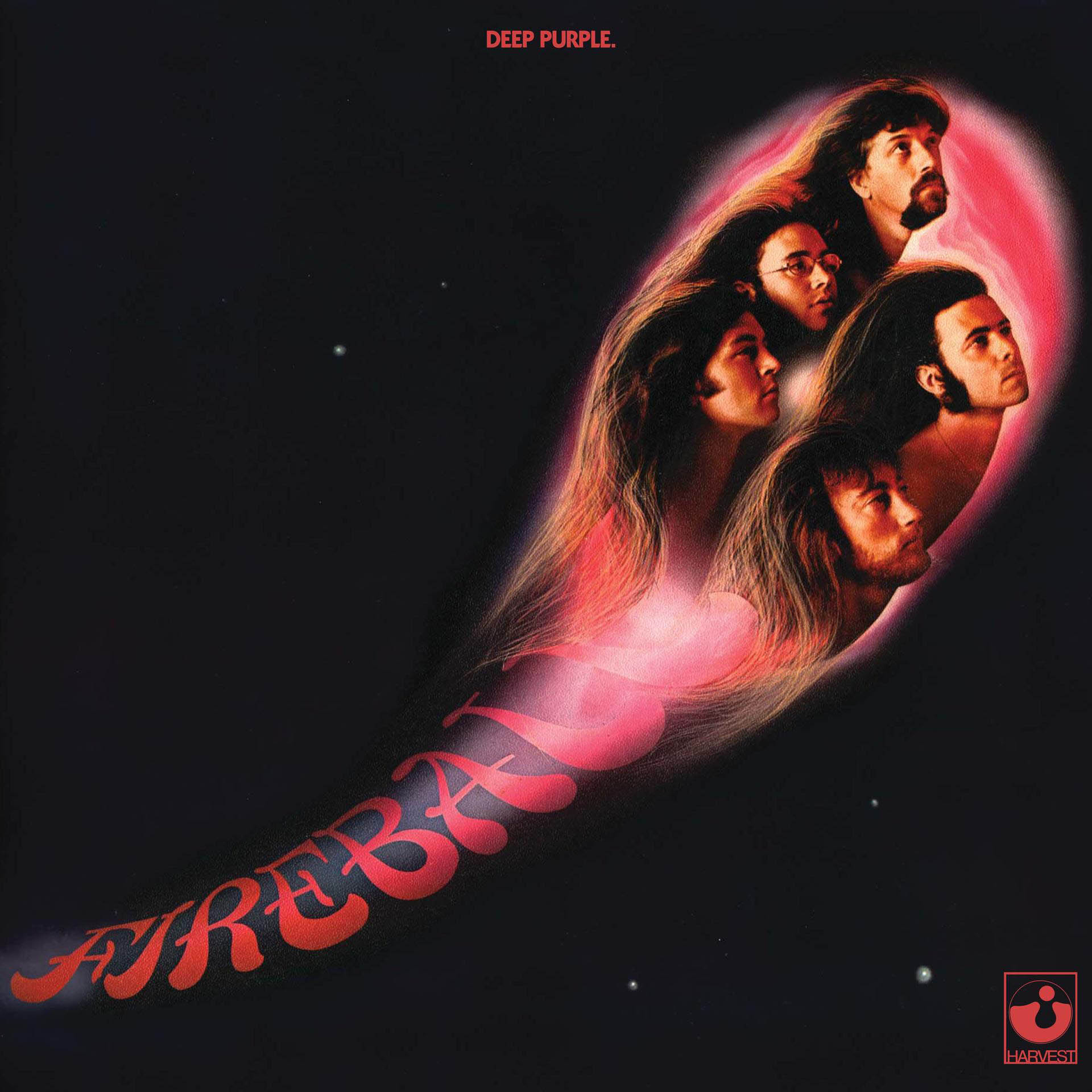 Deep Purple-Albumcover. Enthält eine kometenartige Form mit Bandmitgliedern.