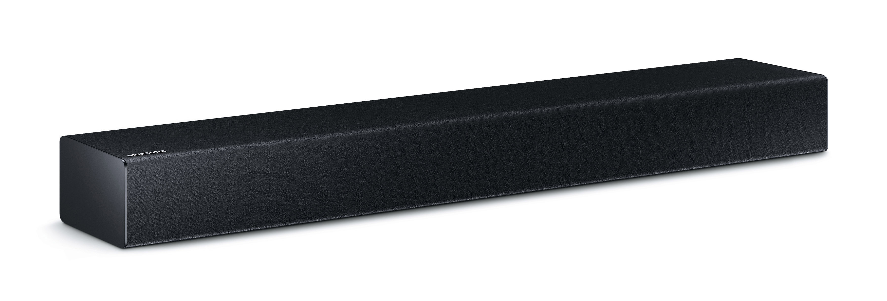 Schwarze Soundbar auf einer weißen Oberfläche. Sie ist rechteckig und hat eine Netzfront.