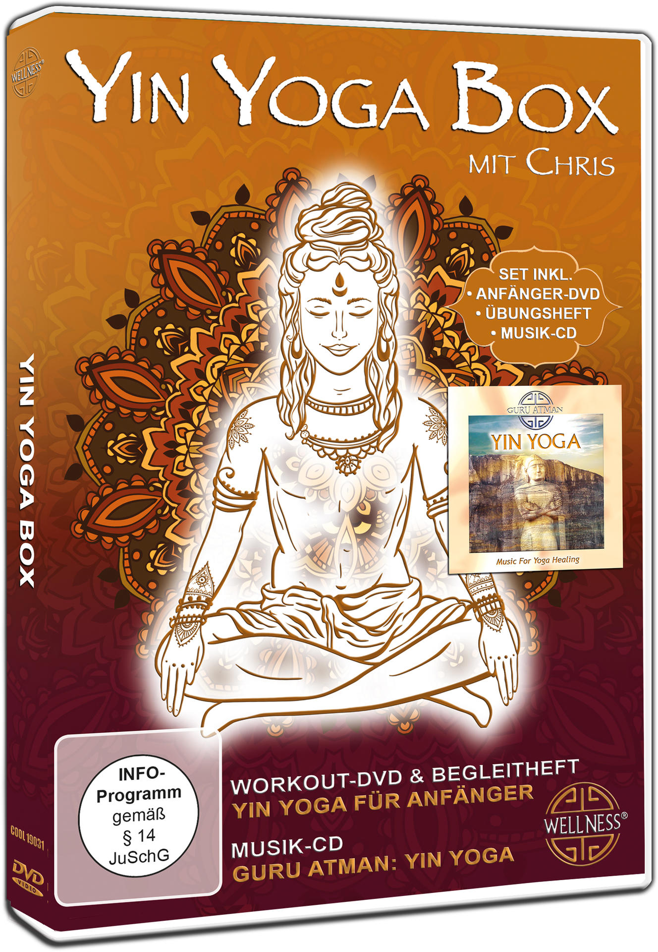 Yin Yoga Box DVD-Cover mit Illustration einer Person und Text.