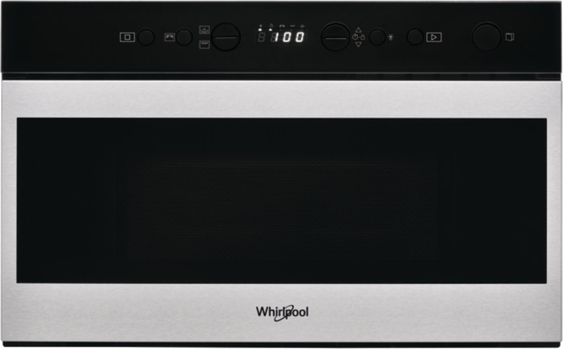 Rozsdamentes acél Whirlpool mikrohullámú sütő, vezérlőpanel a tetején.