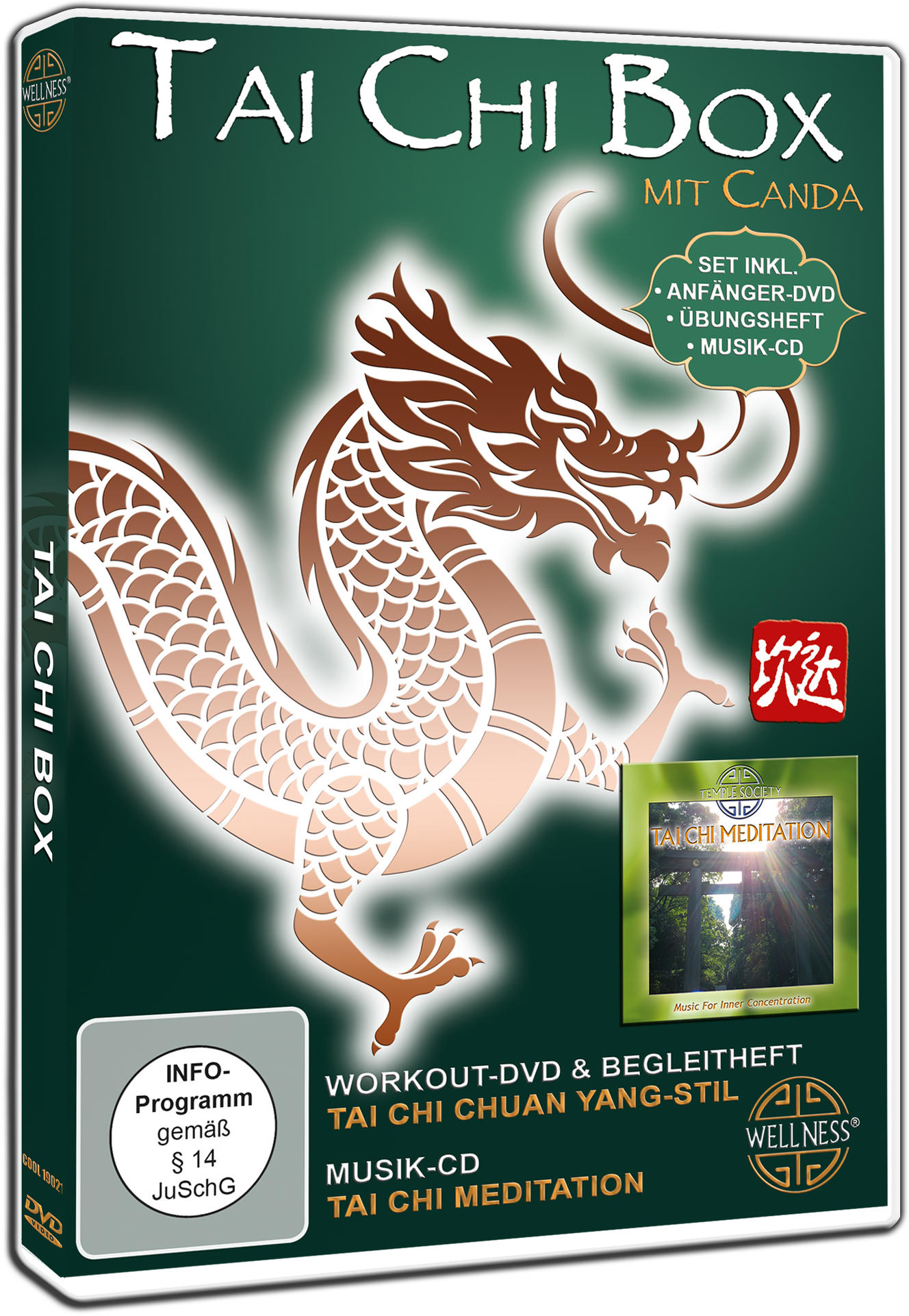Eine DVD-Hülle für Tai Chi Box. Das Cover hat einen Drachen und eine CD. Es ist eine grüne und braune Box.
