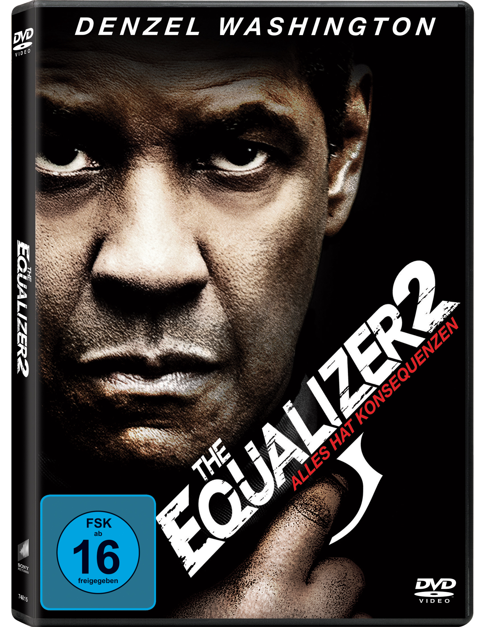 The Equalizer 2 DVD-Cover mit dem Gesicht von Denzel Washington.