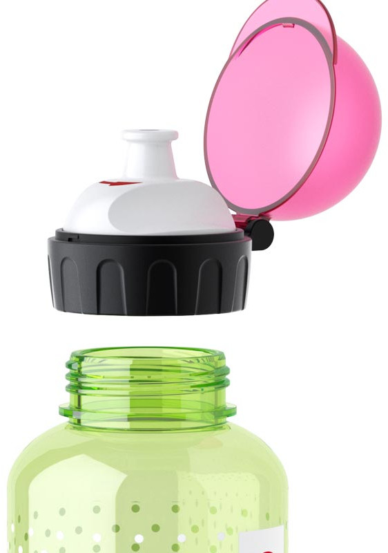 Waterflesdop open, roze deksel, witte bovenkant, zwarte basis, groene fles met stippen.