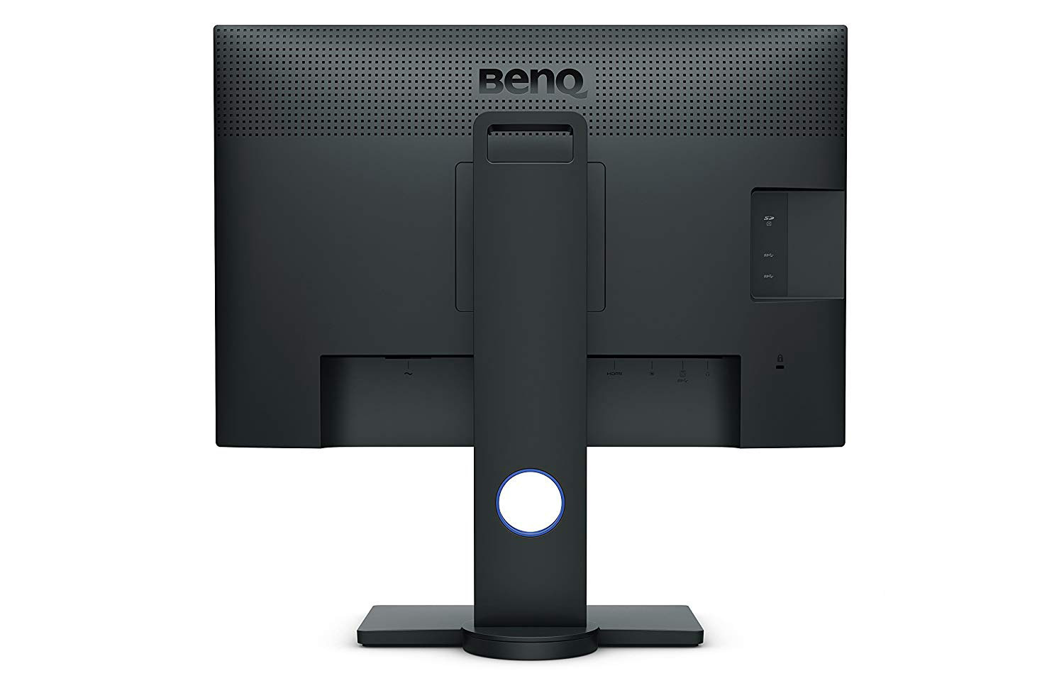 Die Rückseite eines schwarzen BenQ-Monitors mit dem Markennamen oben. Der Monitor hat einen Ständer und Anschlüsse.