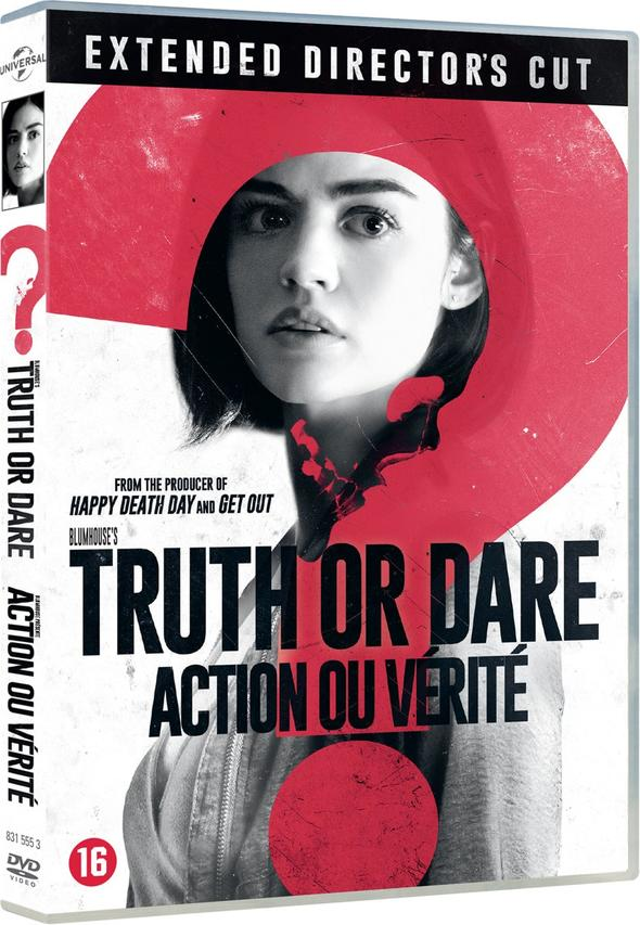 DVD-hoes voor 'Truth or Dare'. Een vrouwengezicht in het midden, rode cirkels en tekst. Witte achtergrond.