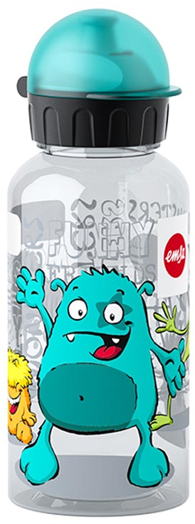 Een kleurrijke waterfles met een monsterontwerp en turquoise dop.