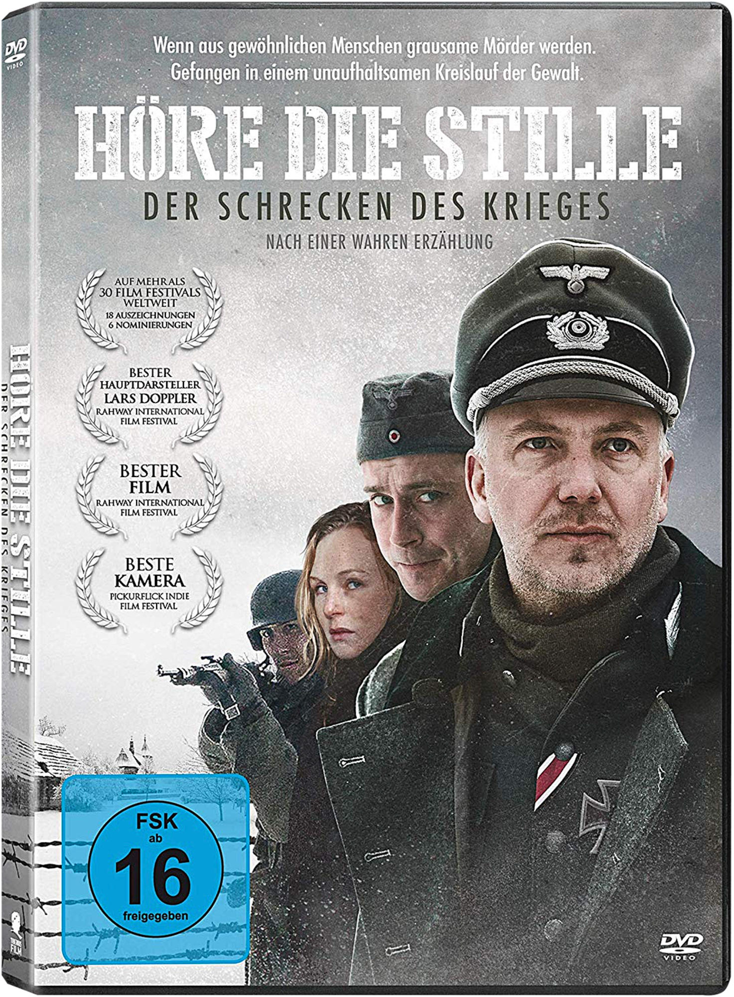 DVD-Cover eines Kriegsfilms. Zeigt Schauspieler in Militäruniformen. Titel: 'Höre die Stille'. Beinhaltet Auszeichnungen und ein Bewertungssymbol.