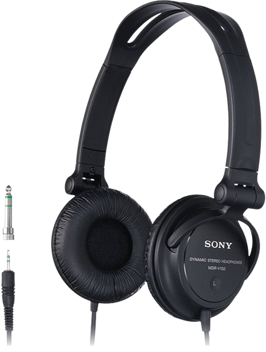 Fekete Sony fejhallgató fülpárnákkal és kábellel, két csatlakozó látható.