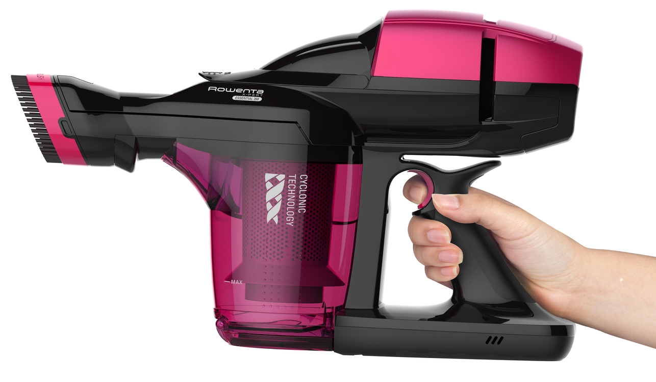 Aspirador escoba - Rowenta RH7329WO X-pert Essential 260, Ciclónico, Aspirador de mano, Negro y rosa