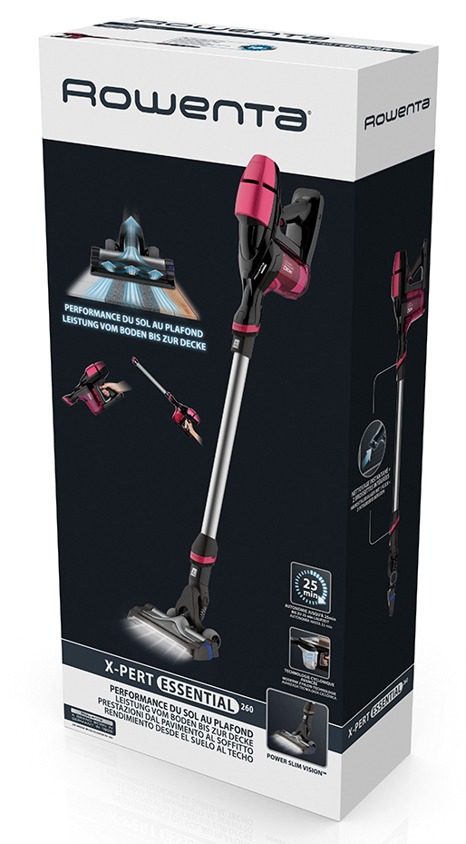 Caja de la aspiradora Rowenta X-Pert Essential. La imagen del producto muestra la aspiradora y sus características.