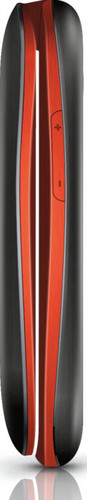Design de téléphone élégant noir et rouge, vue latérale.