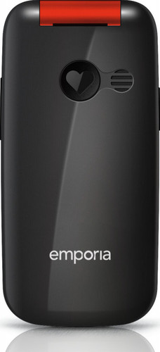 Un téléphone à clapet noir avec une charnière rouge et le logo Emporia.