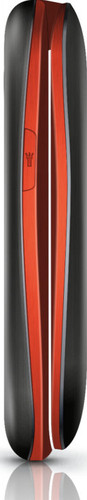 Un téléphone noir et rouge. Le téléphone est orienté verticalement avec un design élégant. Un logo est visible.