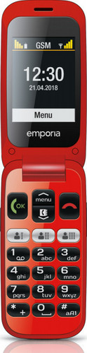 Téléphone à clapet rouge avec de gros boutons et un écran affichant l'heure et la date. Le téléphone est ouvert.