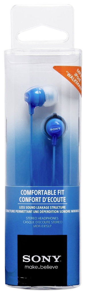 Kék Sony fejhallgató átlátszó csomagolásban. A csomagoláson többnyelvű szöveg van.