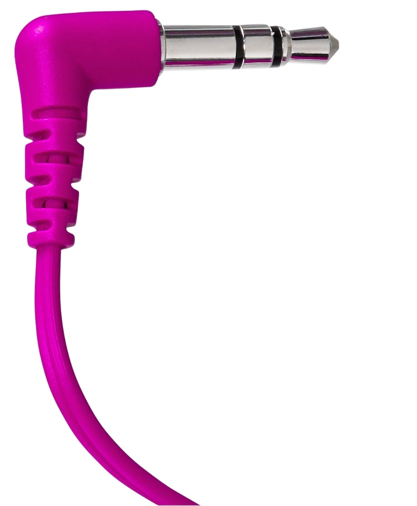 Közelkép egy rózsaszín 3,5 mm-es audio jack csatlakozóról, kábellel.