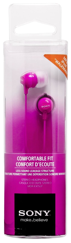 Rózsaszín Sony fülhallgató átlátszó csomagolásban. A szöveg tartalmazza a "Comfortable Fit" és a "Walkman" feliratot.