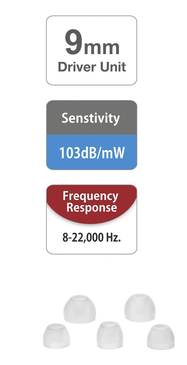 Informatív grafika a következő feliratokkal: '9mm Driver Unit', 'Sensitivity 103dB/mW' és '8-22,000 Hz Frequency Response'.