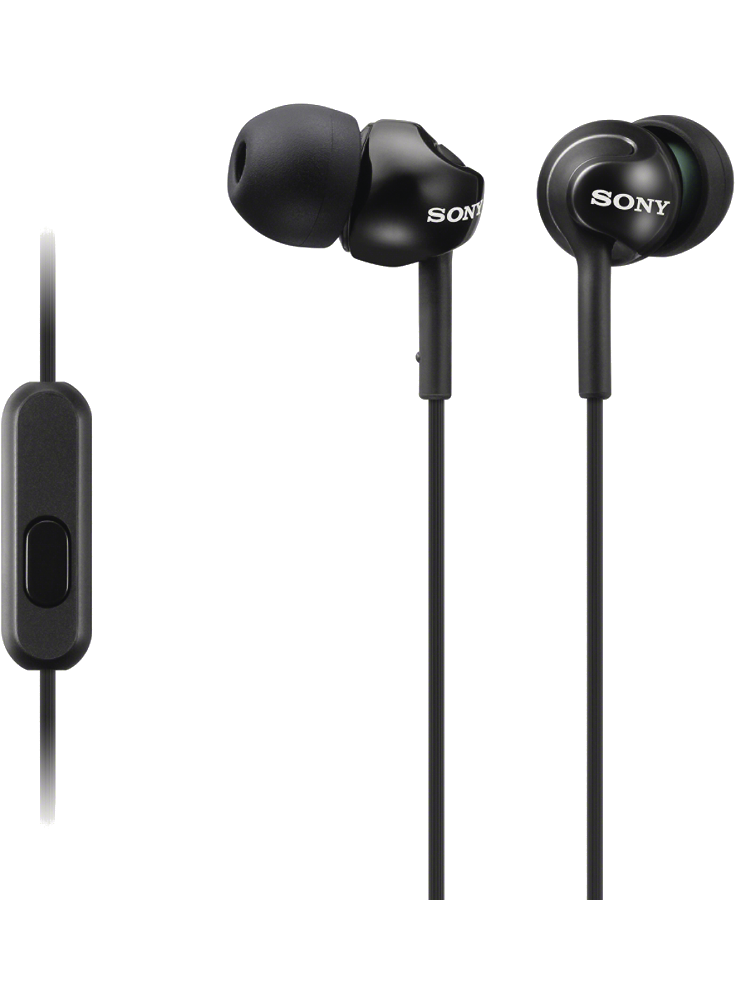 Fekete Sony fülhallgató távirányítóval és fekete háttérrel. A Sony logó látható.