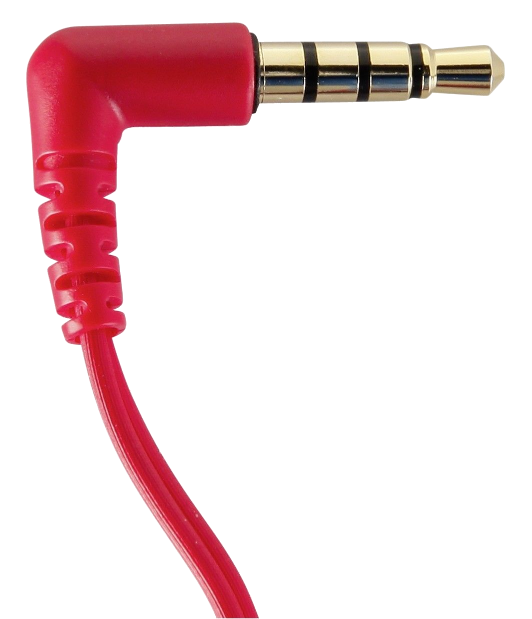 Piros, szögletes 3,5 mm-es audio jack. A csatlakozó fekete gyűrűkkel és arany hegyével rendelkezik.