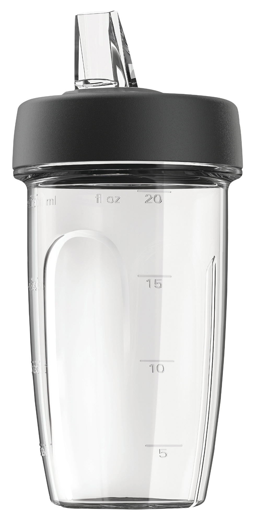 Eine transparente Kunststoffflasche mit schwarzem Deckel und Messmarkierungen. Sie hat einen Ausguss und einen schwarzen Deckel.