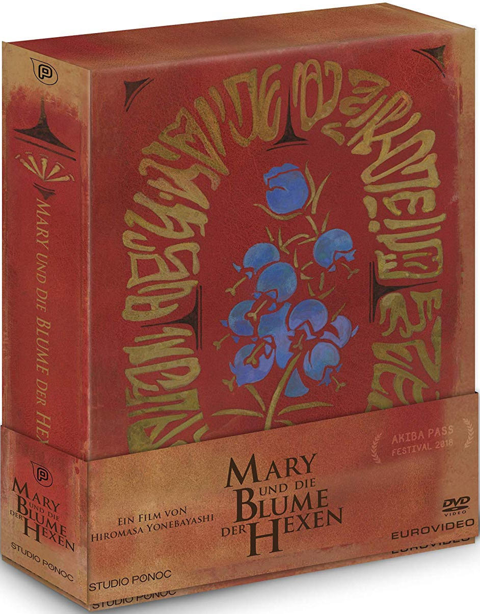 DVD-Box-Set für 'Mary und die Blume der Hexe'. Roter Einband mit goldener Schrift und blauen Blumen.