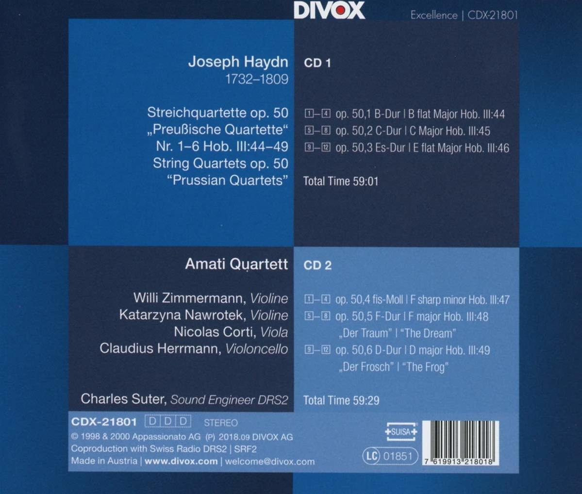 CD-Hülle mit musikalischen Details zu Joseph Haydns Streichquartetten, einschließlich Titellisten.